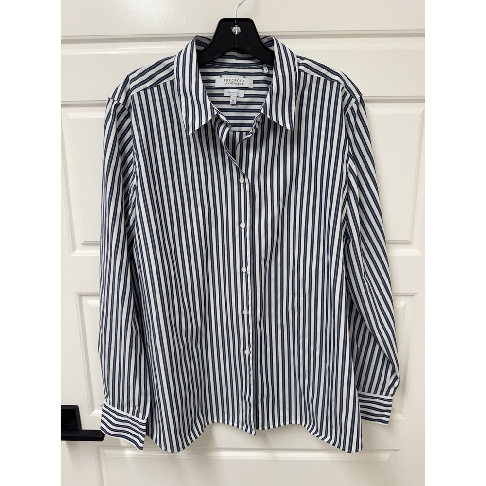 FOXCROFT APPLESEED Blue Stripe Wrinkle Free Blouse 48 Chest 27 Long Sz 18 Shaped